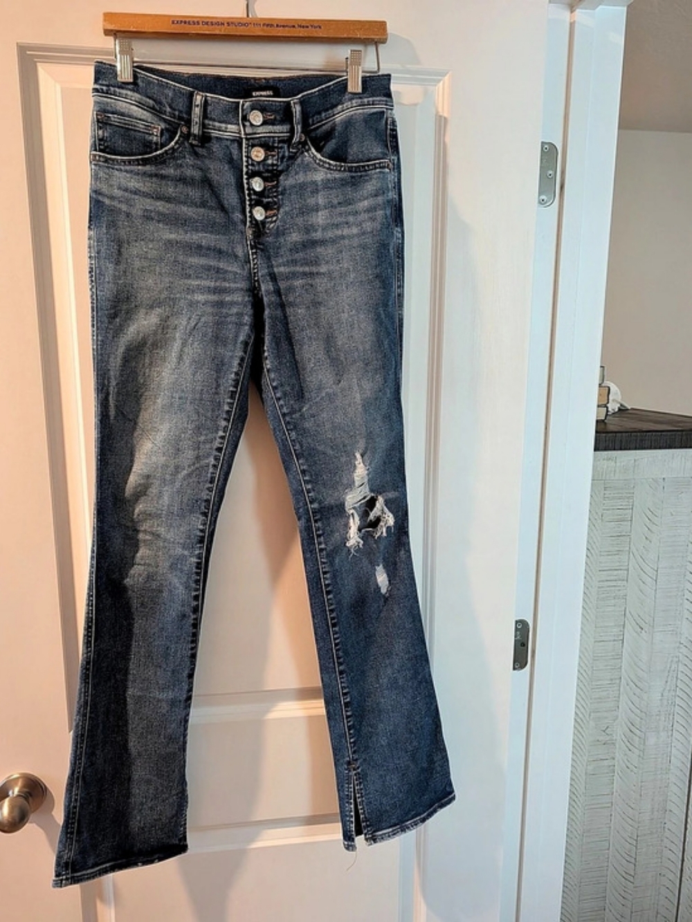 Express Distressed Flare Jeans in Blue Waist 4R